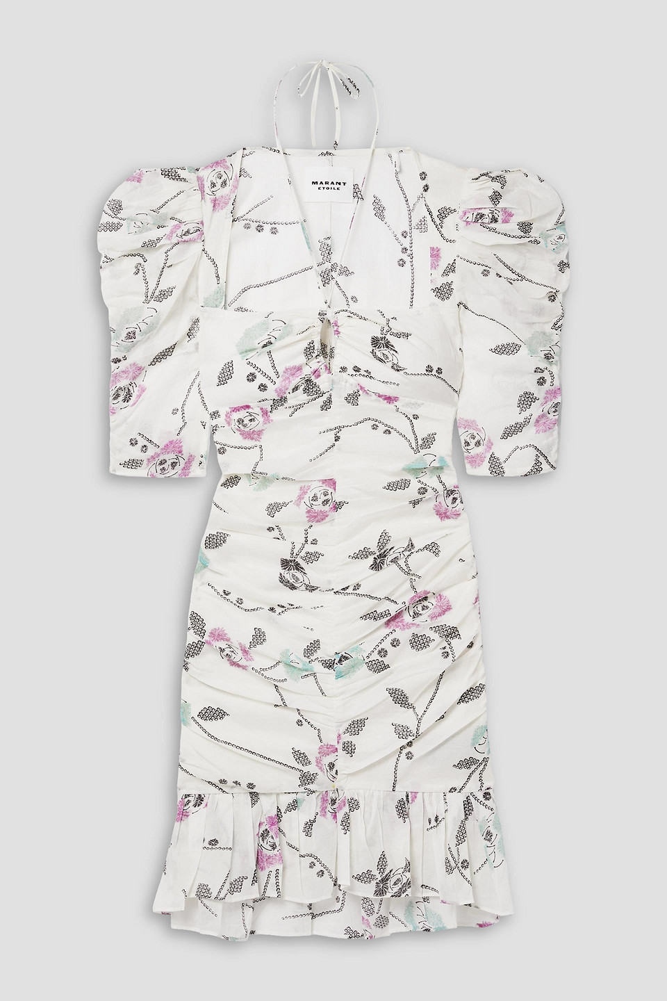 Isabel Marant Étoile Galdino Ruched Floral-print Cotton-voile Mini Dress In Ecru