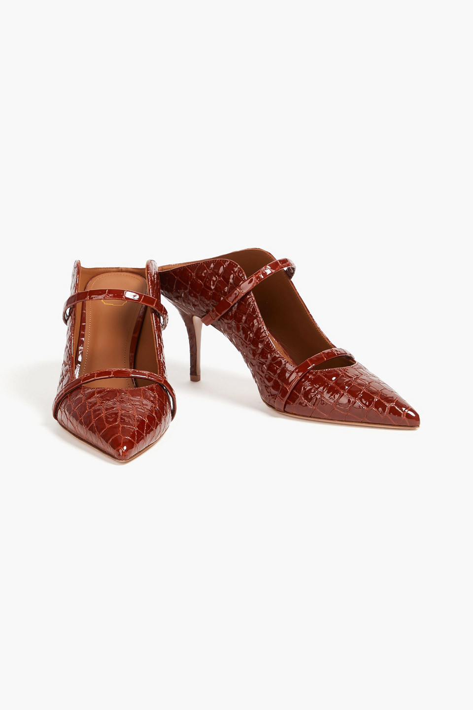Malone Souliers Maureen 70 Croc-effect Patent-leather Mules In Brown