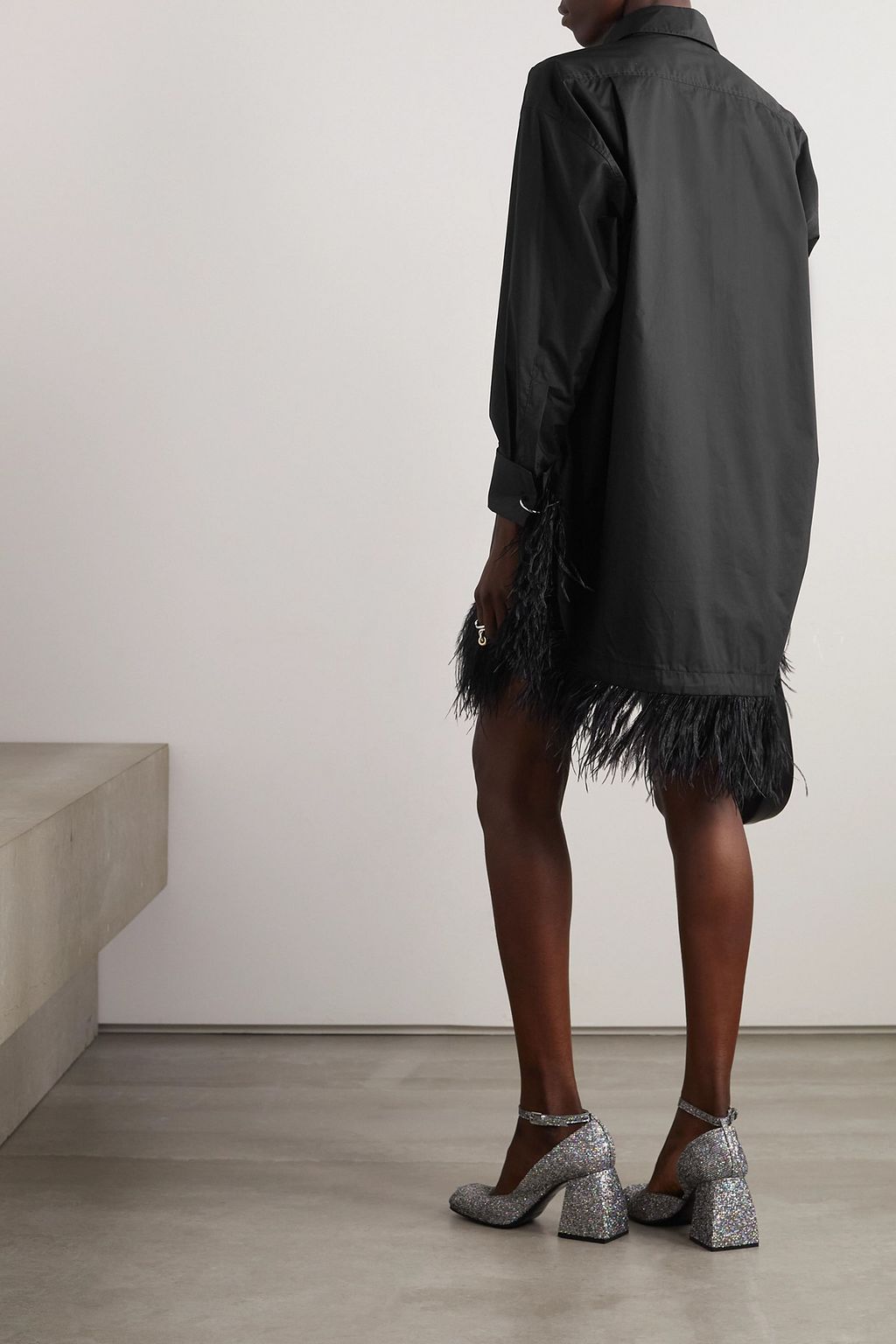 MARQUES' ALMEIDA Feather-trimmed cotton-voile mini shirt dress