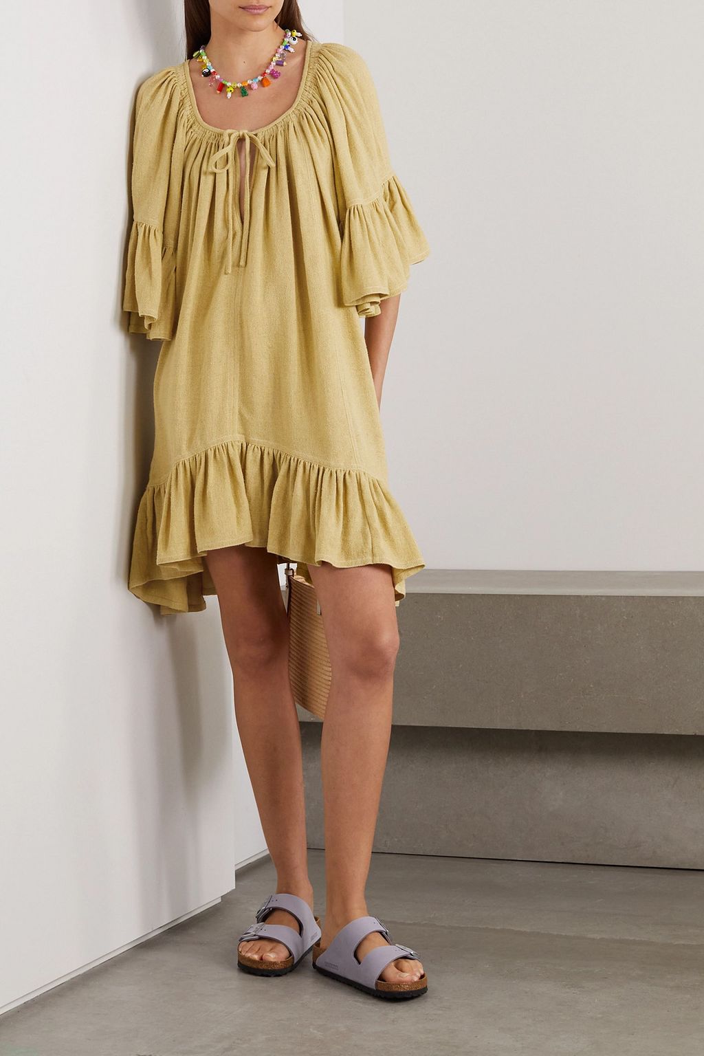 MARANT ÉTOILE 론 비대칭 러플 실크 부렛 미니 드레스