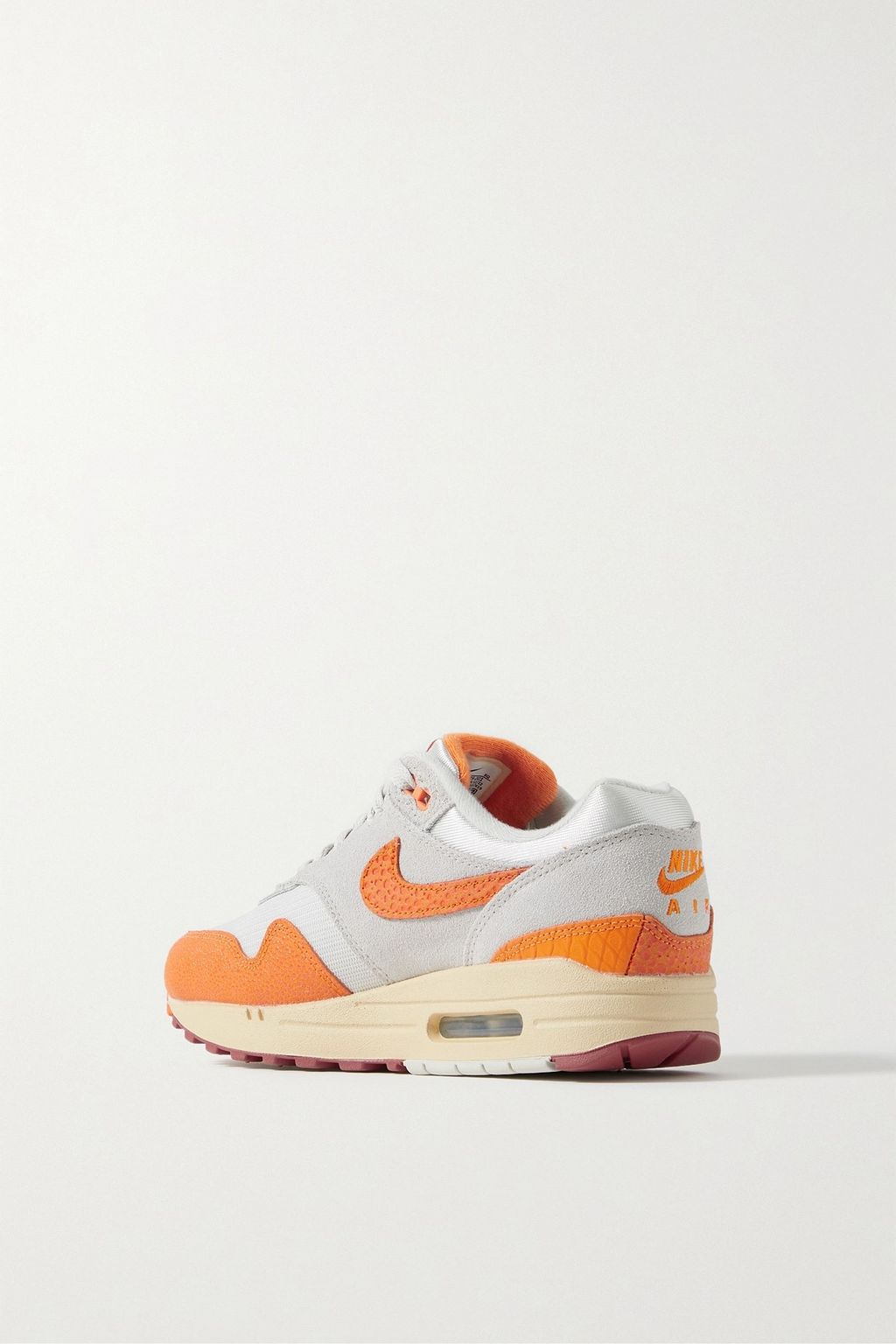Air Max 1 suede mesh and croc effect trimmed leather sneakers light gray US 5.5