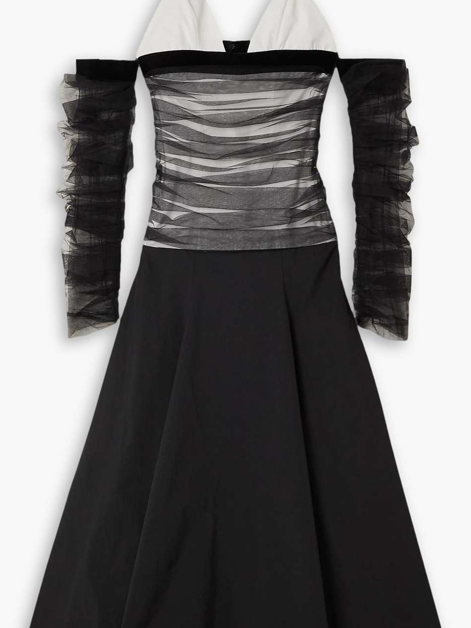 cold-shoulder tulle-trimmed cotton-poplin maxi dress