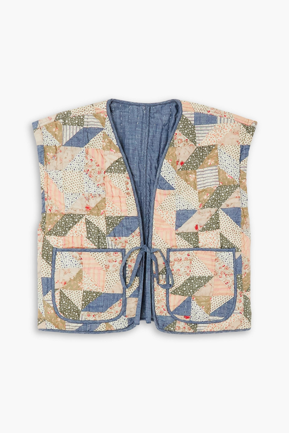 POLO RALPH LAUREN CROPPED REVERSIBLE CHAMBRAY AND PRINTED COTTON VEST