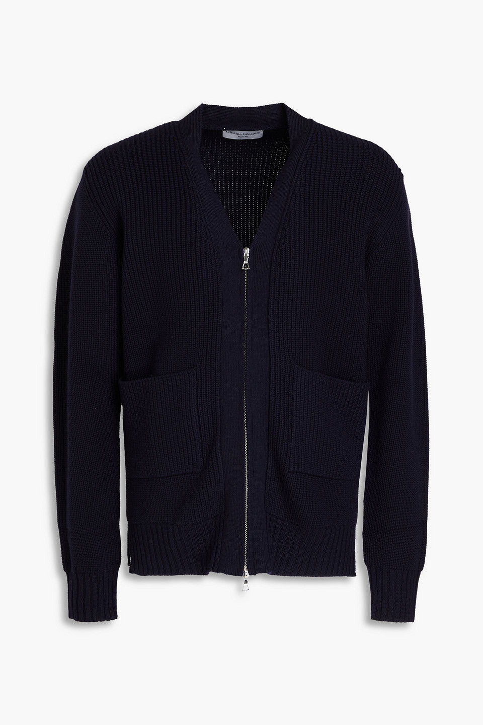 Officine Generale Ribbed Merino Wool Zip-up Cardigan In Navy