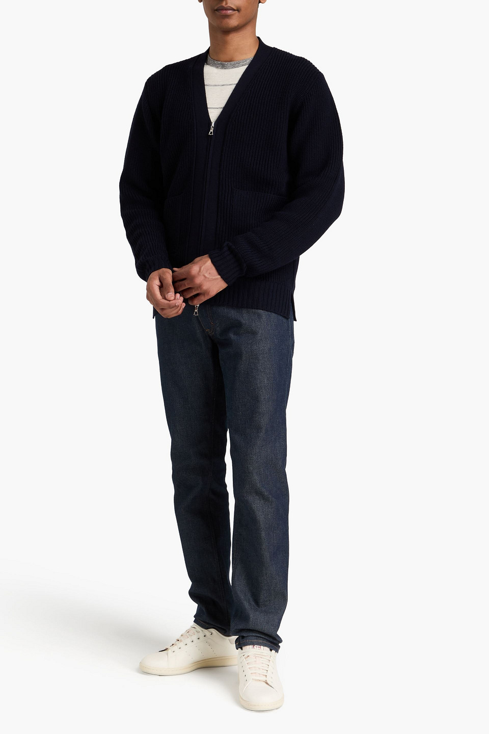 OFFICINE GENERALE RIBBED MERINO WOOL ZIP-UP CARDIGAN