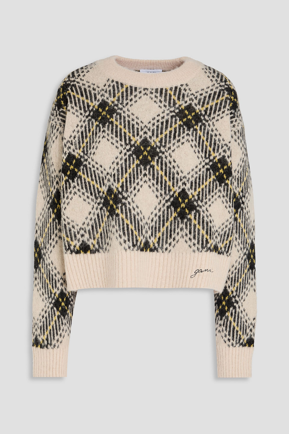 Ganni Argyle Jacquard-knit Sweater In Ecru