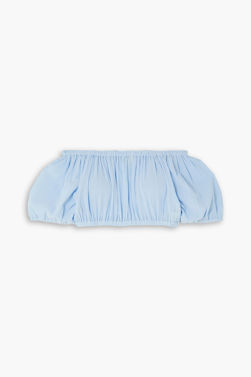 Suzie Kondi Sousanna Cropped Off-the-shoulder Crinkled Cotton-gauze Top In Light Blue