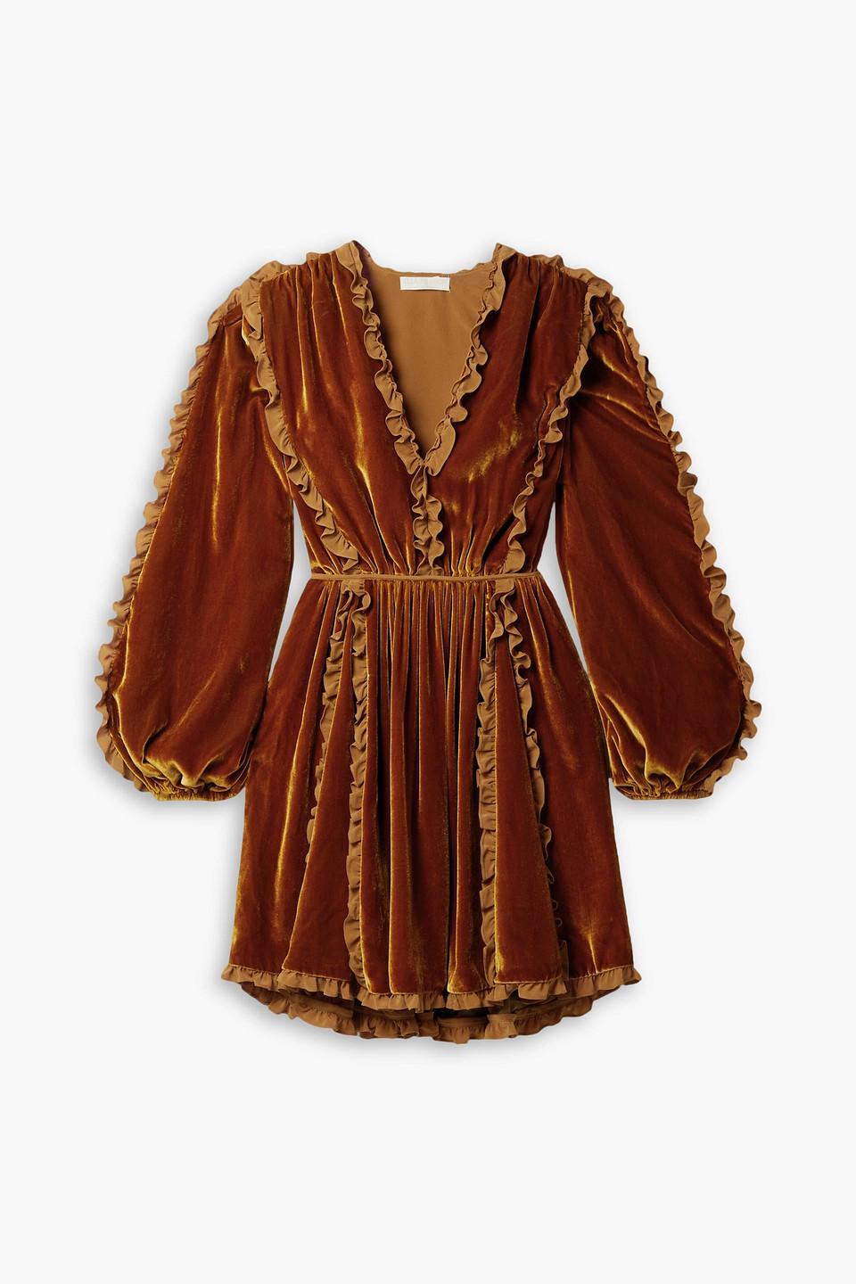 Ulla Johnson Erika Ruffled Satin-trimmed Velvet Mini Dress In Camel |  ModeSens