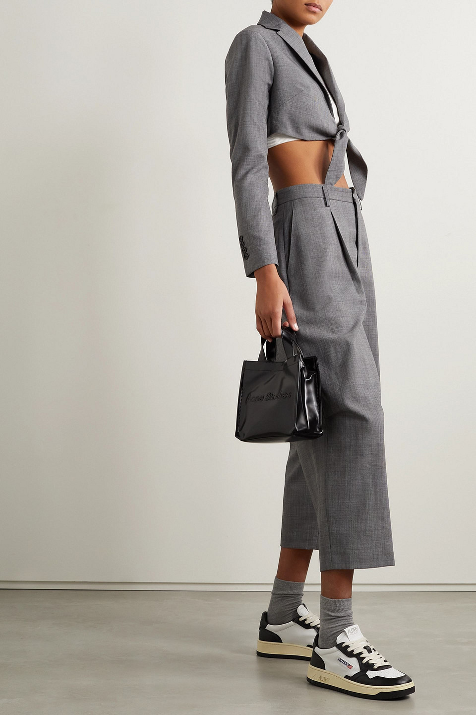 R13 Tie-front Cropped Houndstooth Wool Blazer In Gray