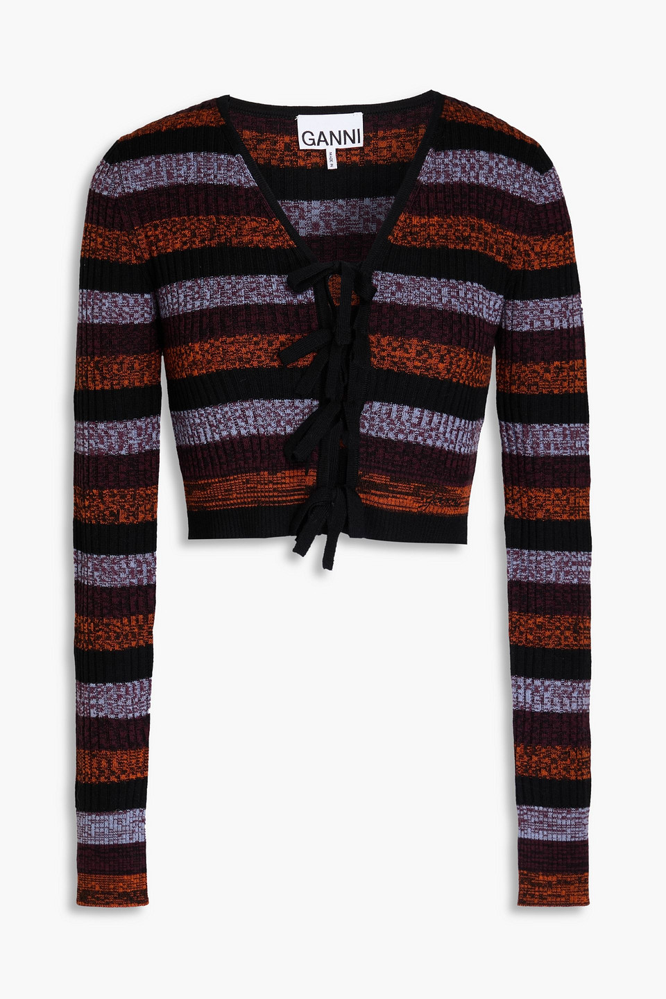Ganni Striped Rib Knit Wool Crop Cardigan In Assorted