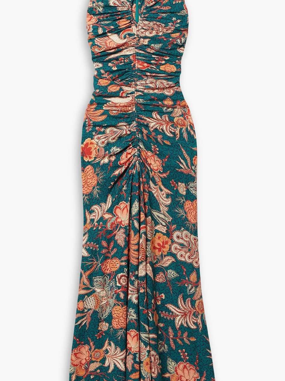gwynne cutout ruched printed cotton-jersey maxi dress