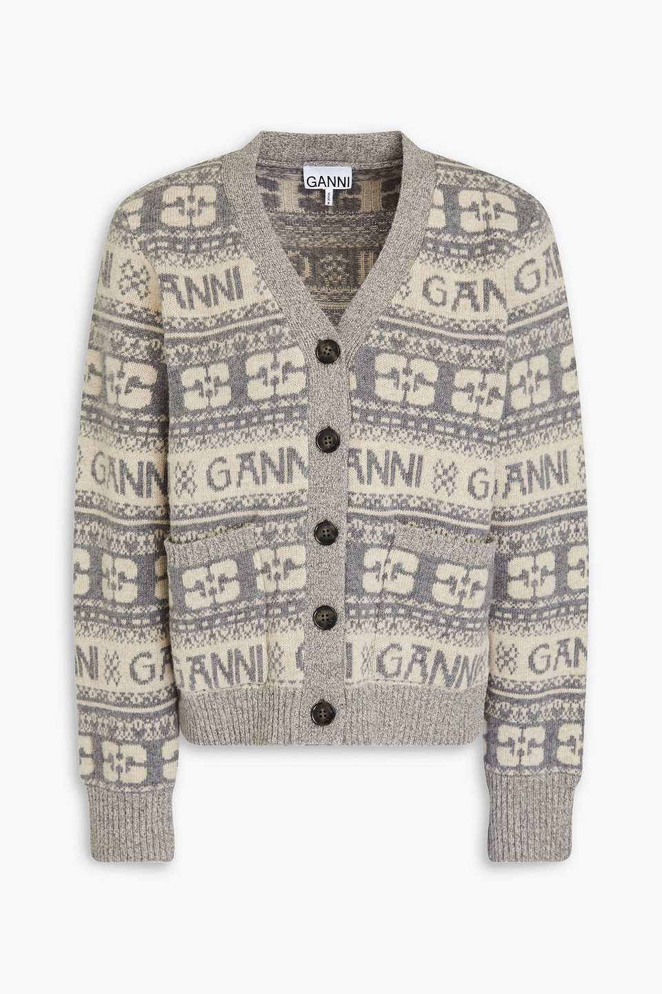 Ganni Jacquard-knit Wool-blend Cardigan In Light Gray