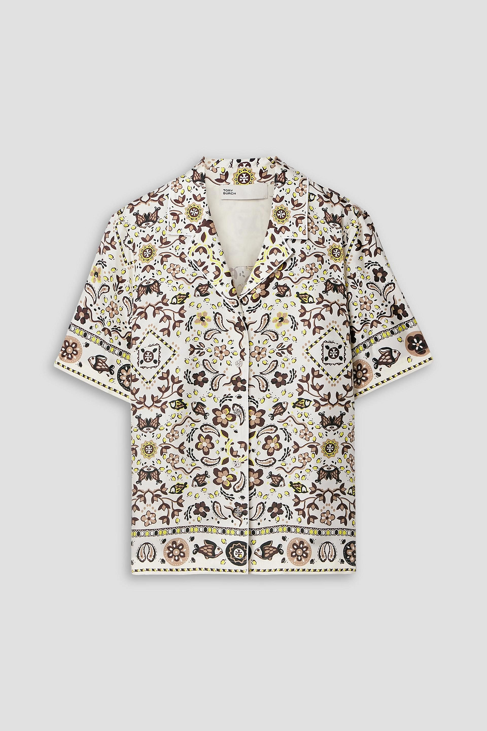 Tory Burch Printed Silk Bowling Shirt In Ivory