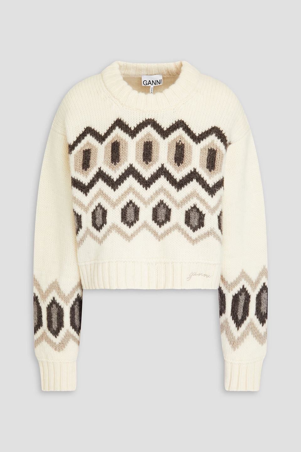 Ganni Graphic Intarsia Chunky Knitted Cropped Jumper In Multi