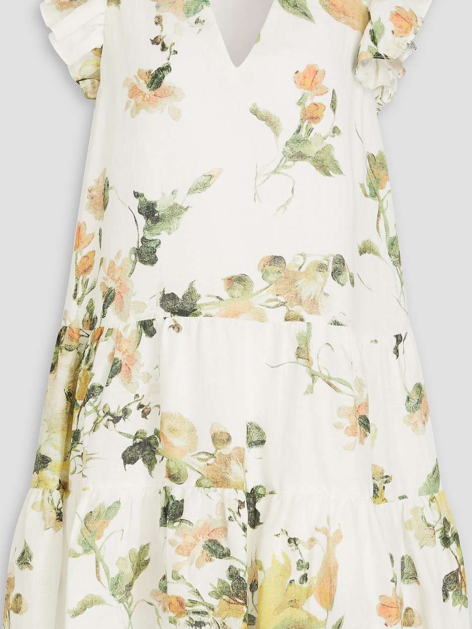 ruffled floral-print linen mini dress