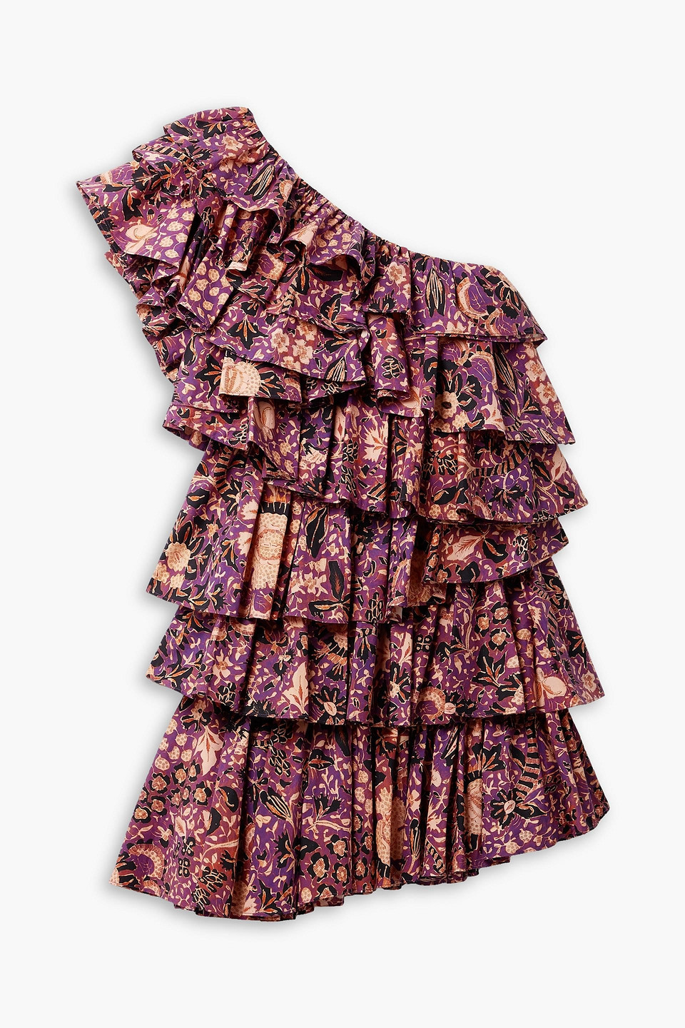 Ulla Johnson Naomi One-shoulder Ruffled Floral-print Cotton-poplin Mini Dress In Violet