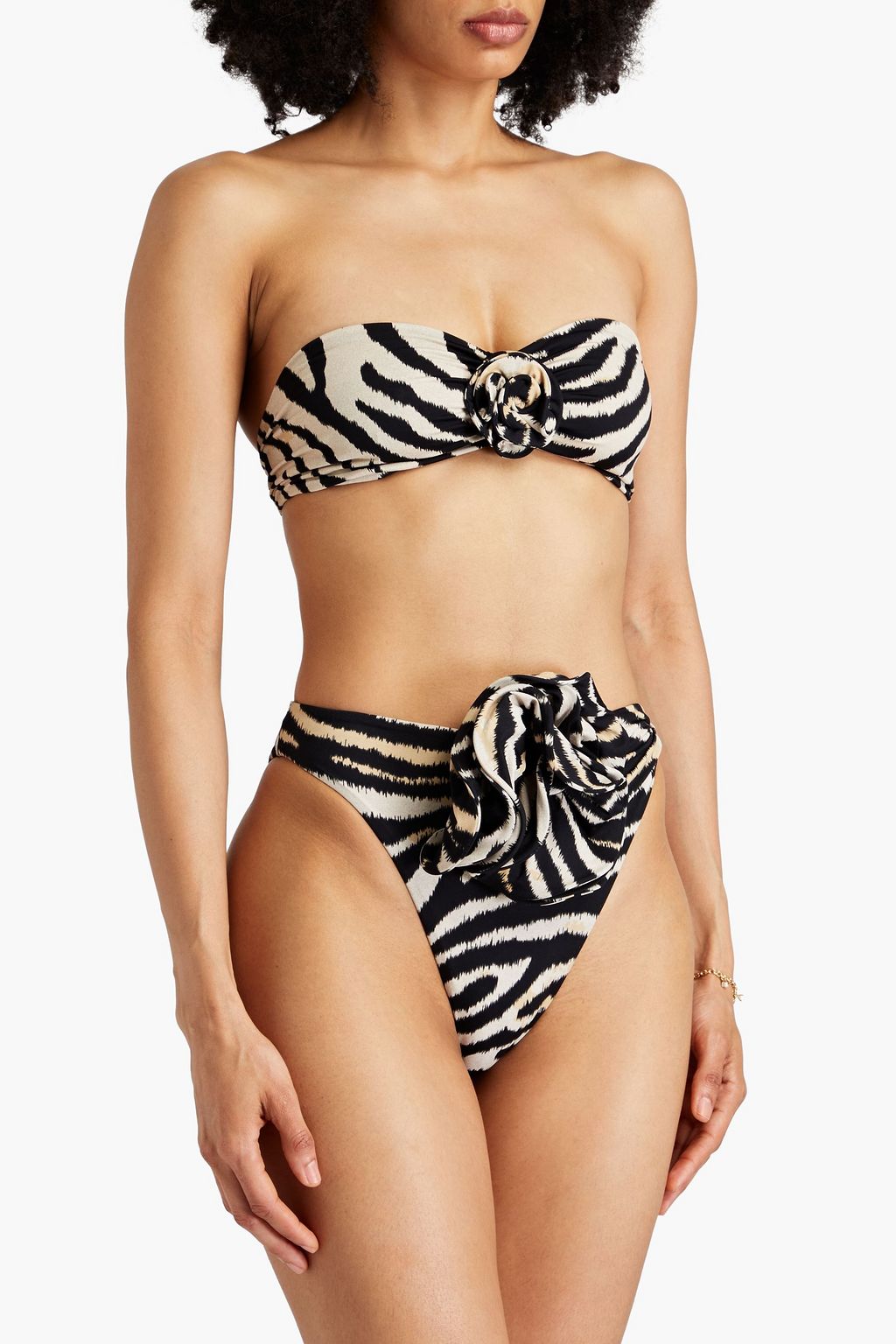 MAGDA BUTRYM Floral-appliquéd tiger-print bandeau bikini top