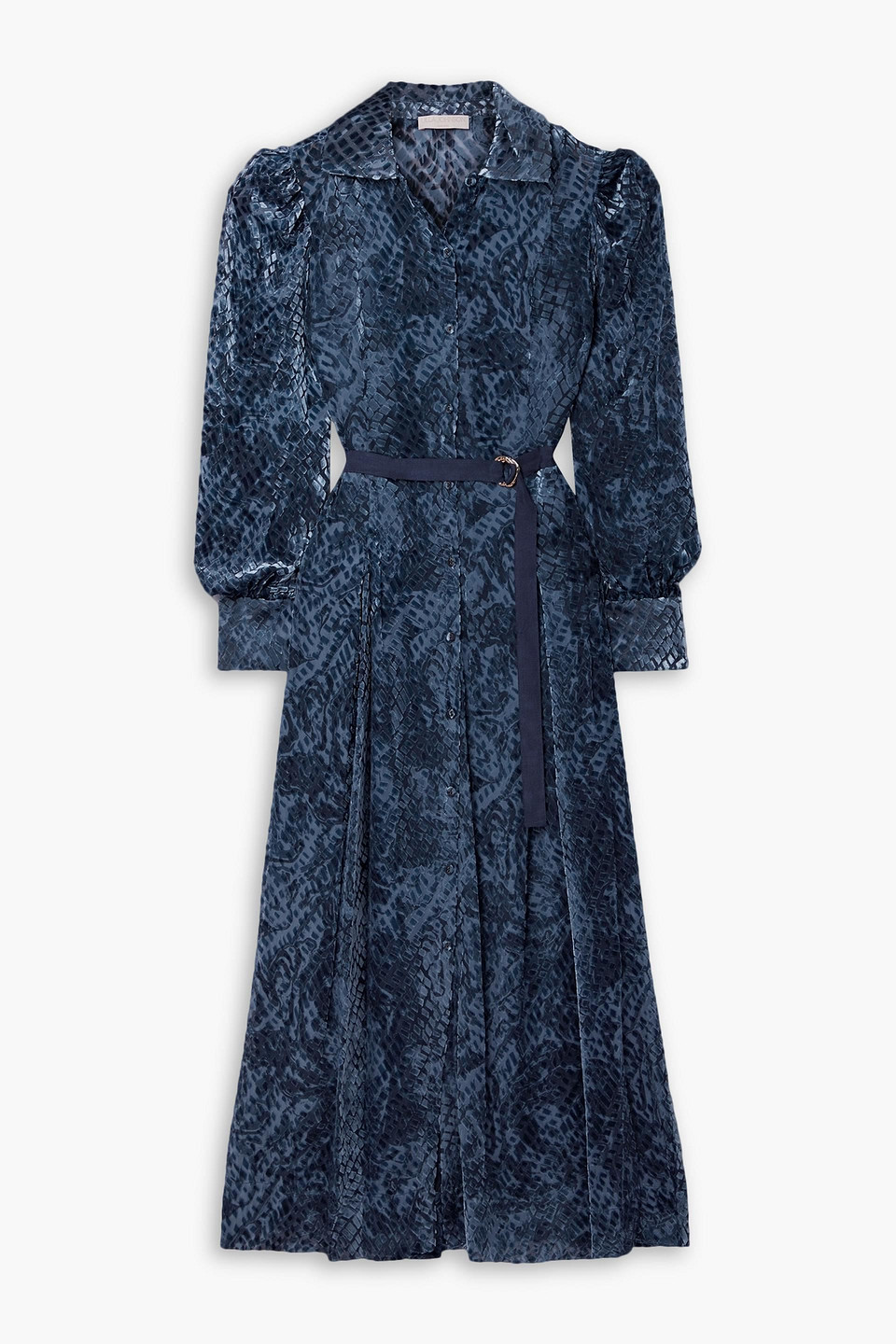 Ulla Johnson Thalia Belted Devoré-velvet Maxi Shirt Dress In Storm Blue