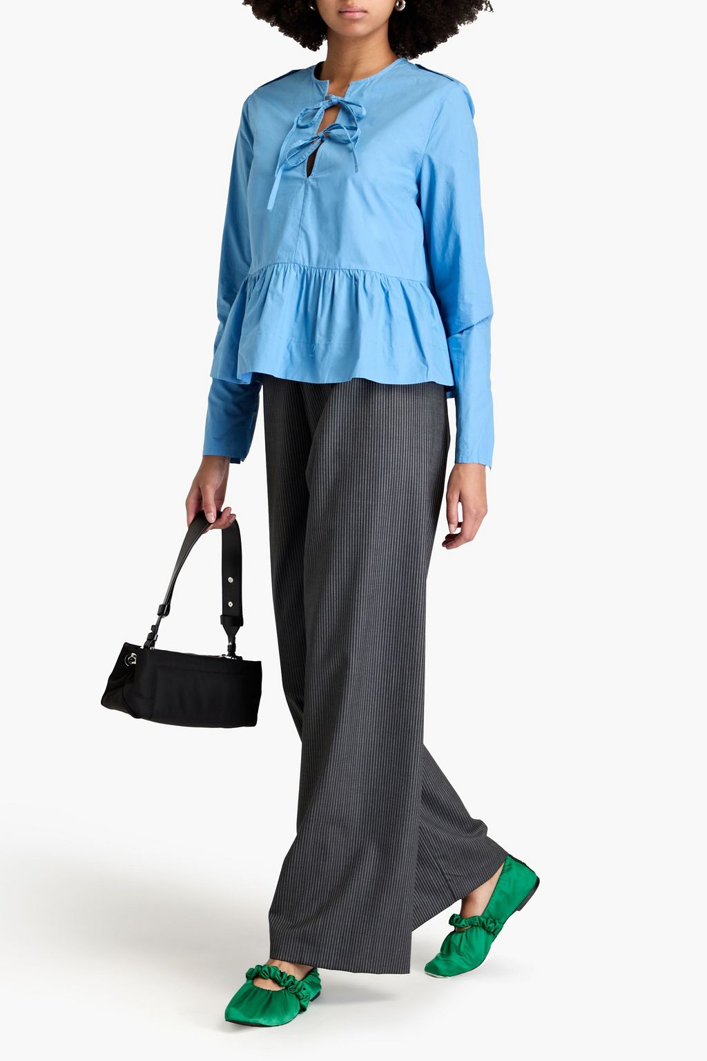 GANNI Tie-front cotton-poplin peplum top