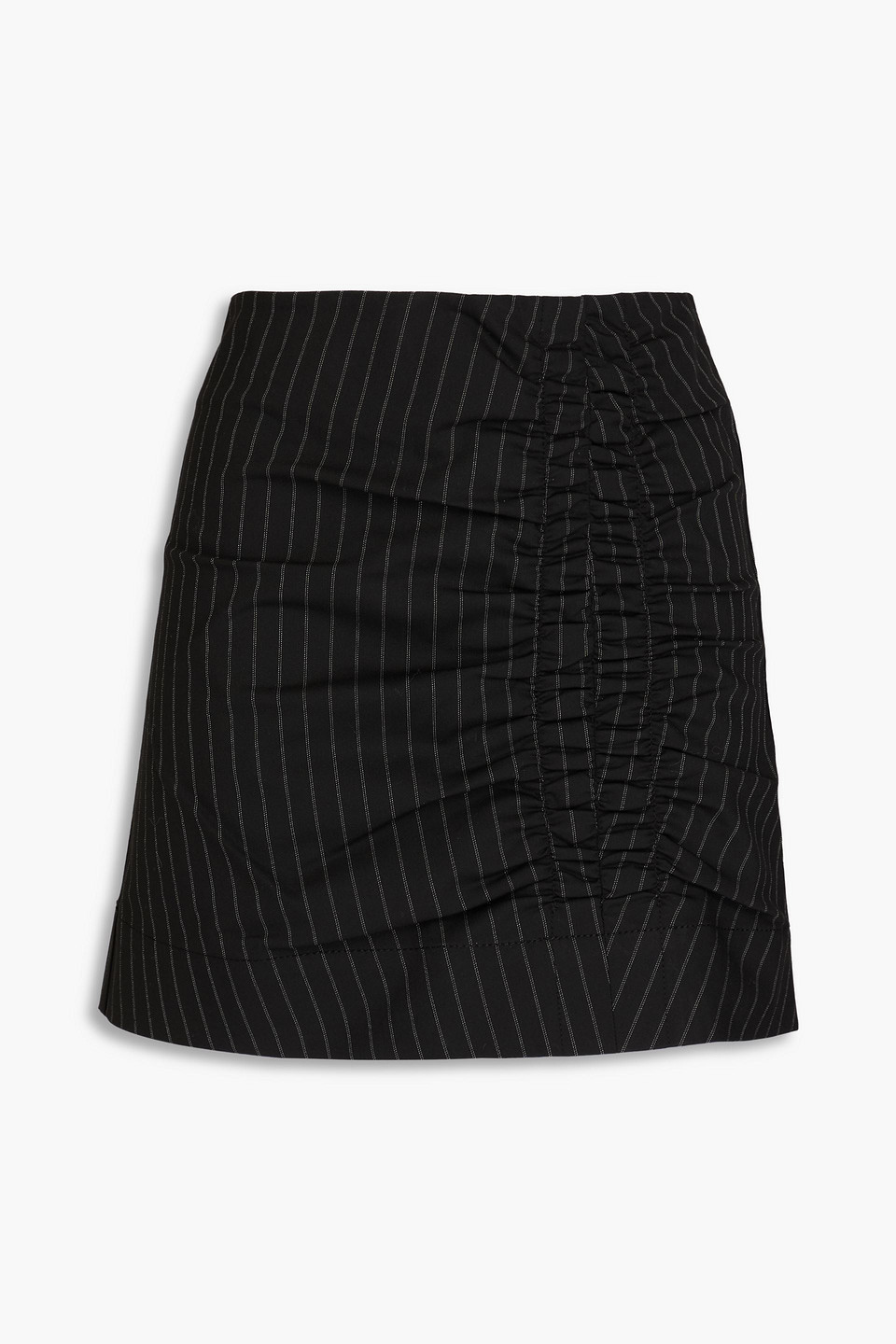 Ganni Ruched Pinstriped Twill Mini Skirt In Black