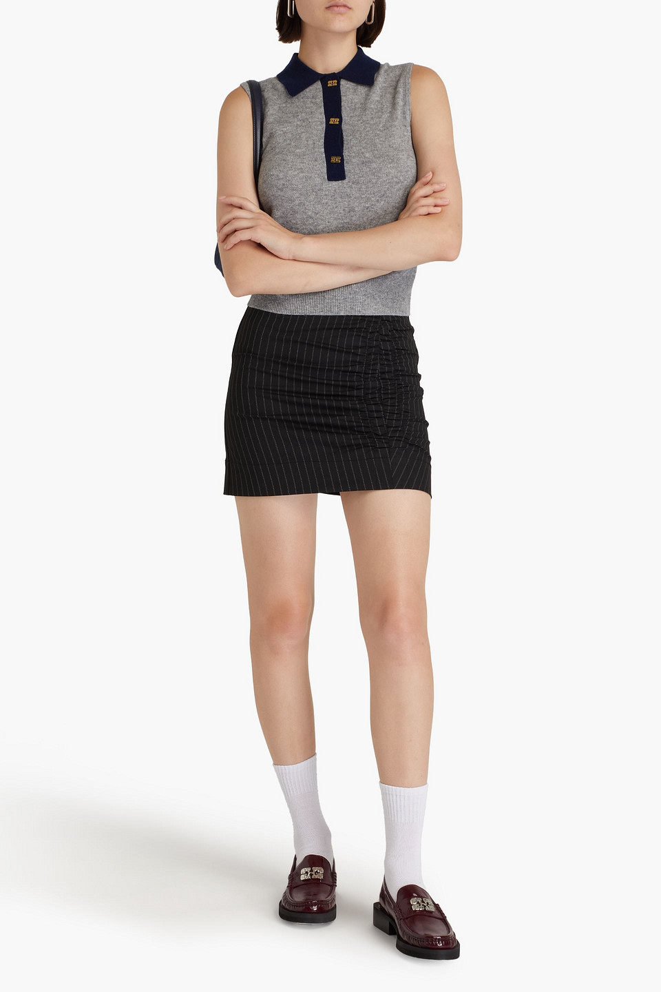 GANNI RUCHED PINSTRIPED TWILL MINI SKIRT