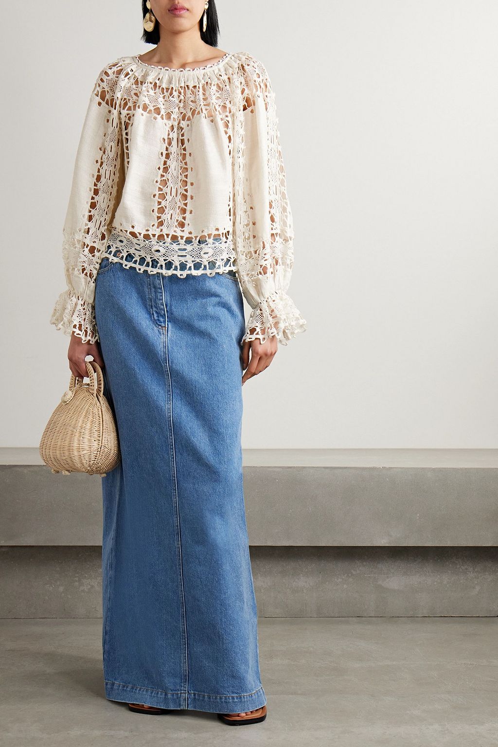 ULLA JOHNSON 카비타 레이스 패널 코튼 실크 혼방 카디 블라우스