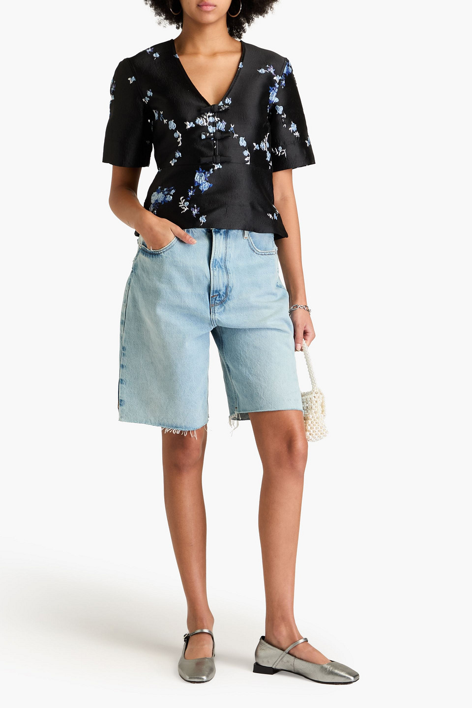 GANNI BOW-DETAILED JACQUARD TOP