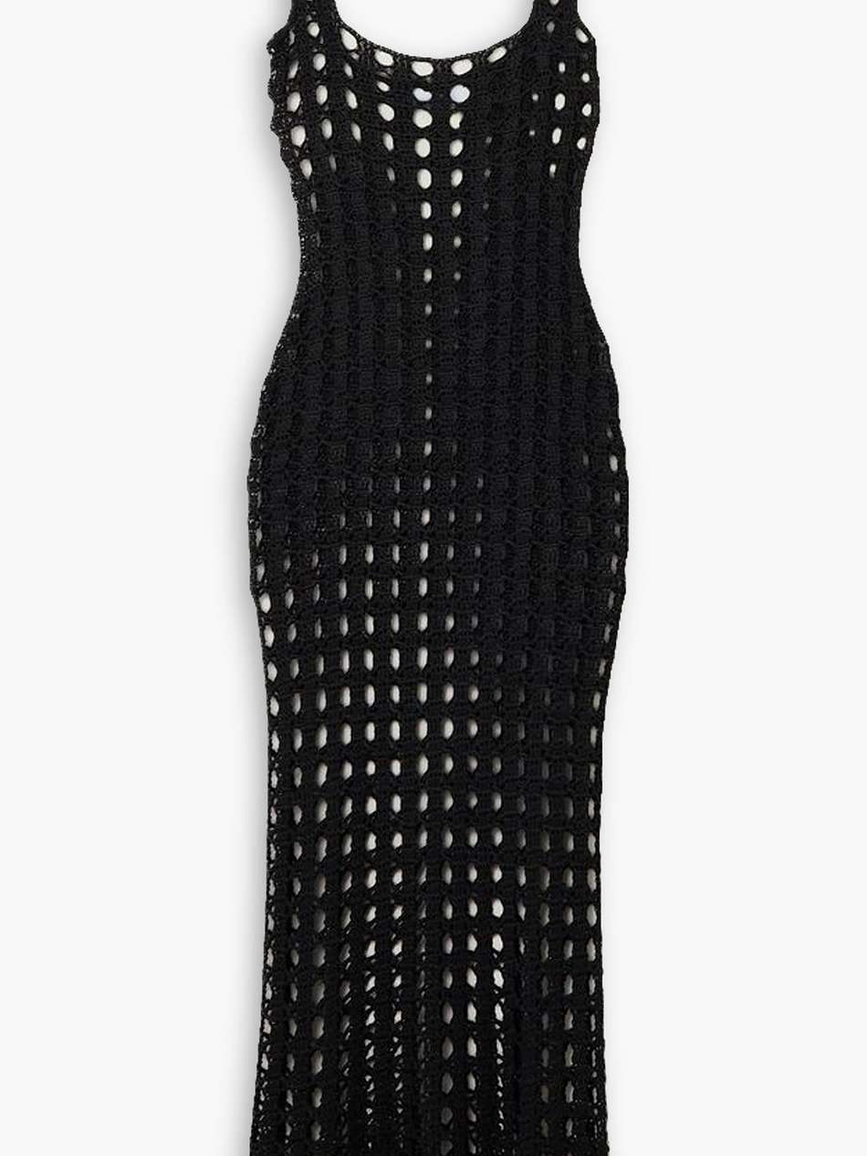 fringed crochet-knit midi dress