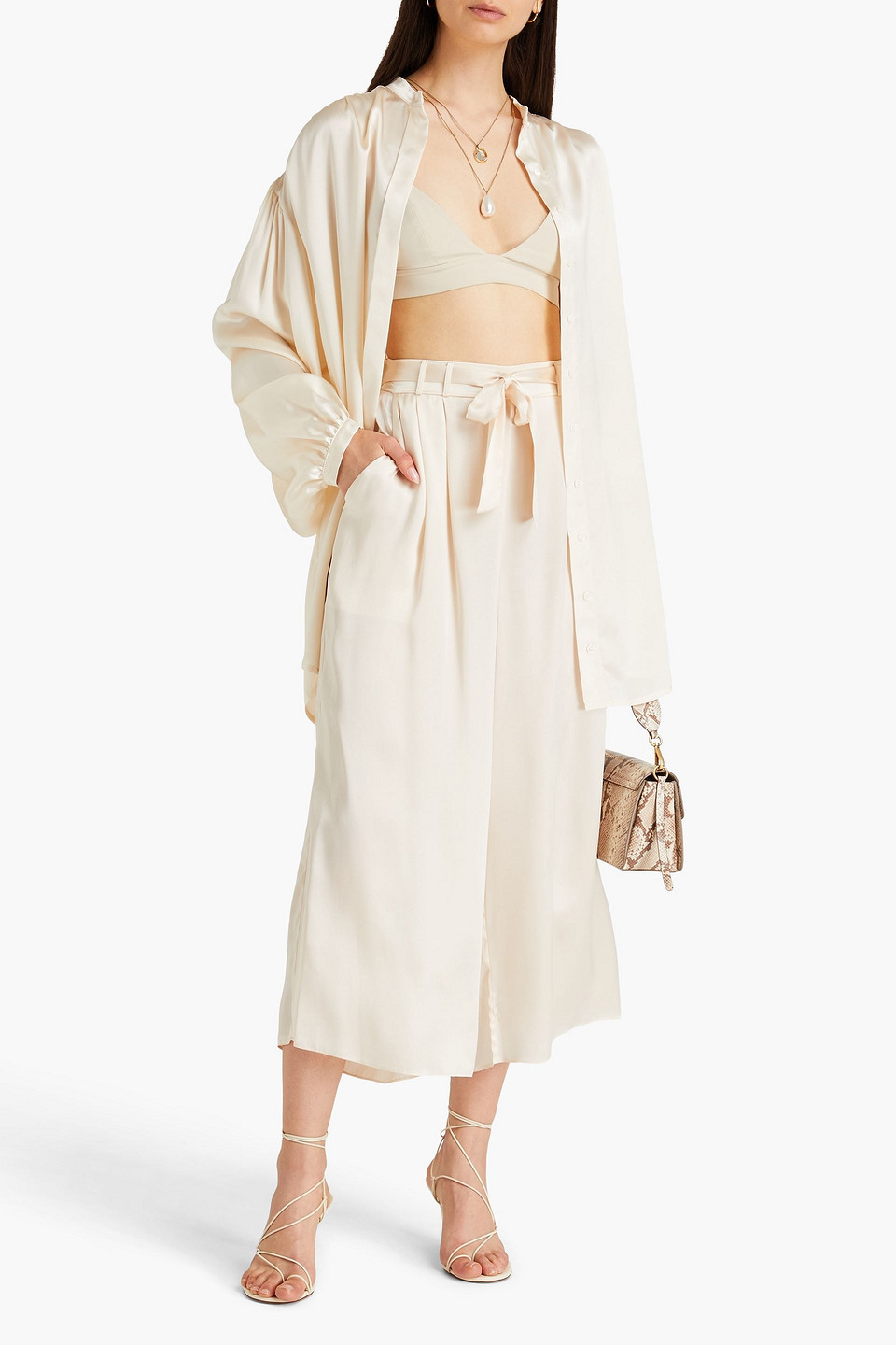 LE KASHA GANSU CROPPED PLEATED SILK-CHARMEUSE WIDE-LEG PANTS