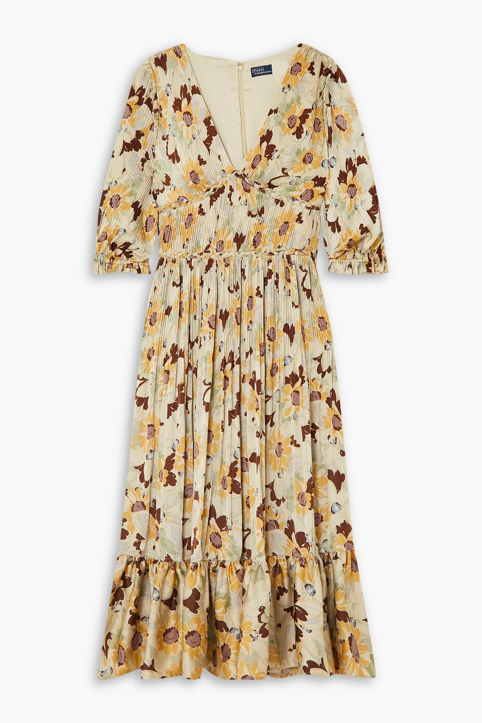 Polo Ralph Lauren Ltiti Floral-print Plissé-crepe Midi Dress In Beige