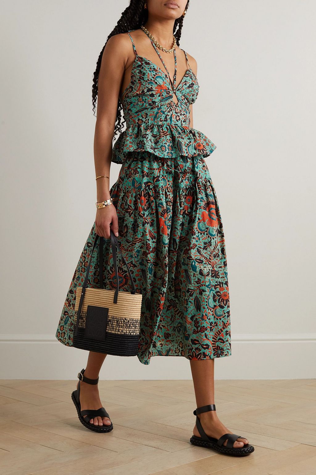 ULLA JOHNSON Essie cutout pintucked floral-print cotton-poplin camisole
