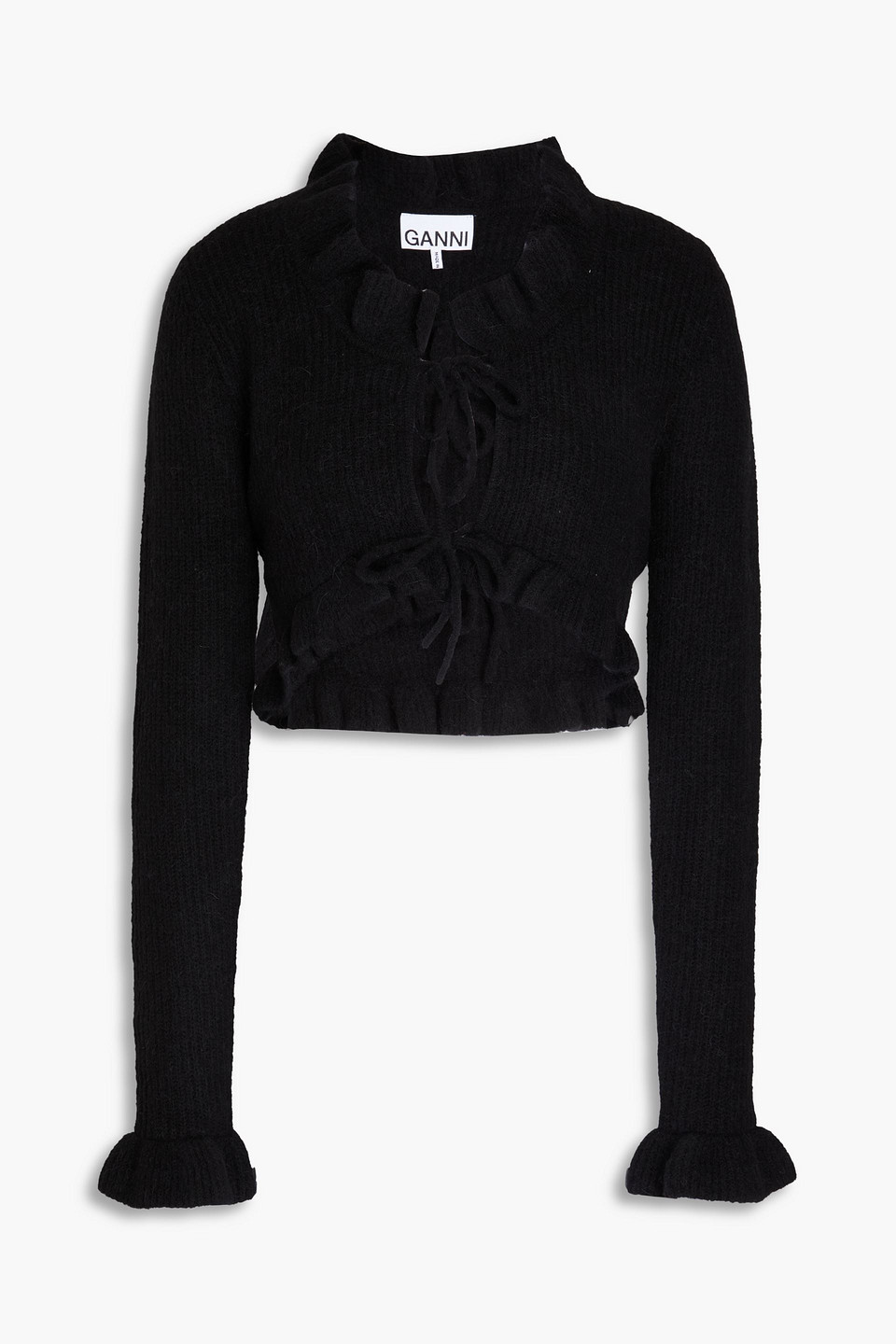 GANNI - Cropped ruffled ribbed-knit cardigan - Black - XXL