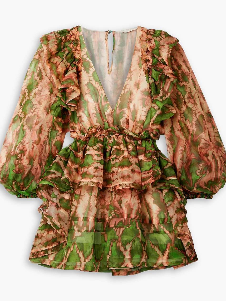 adelaide ruffled printed silk-organza mini dress