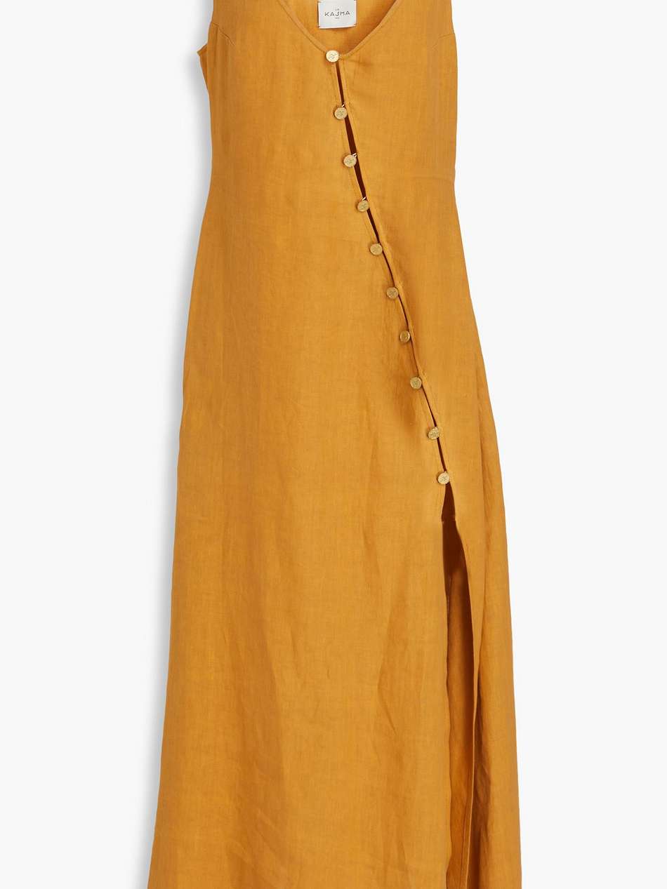 rafah asymmetric button-embellished linen midi dress