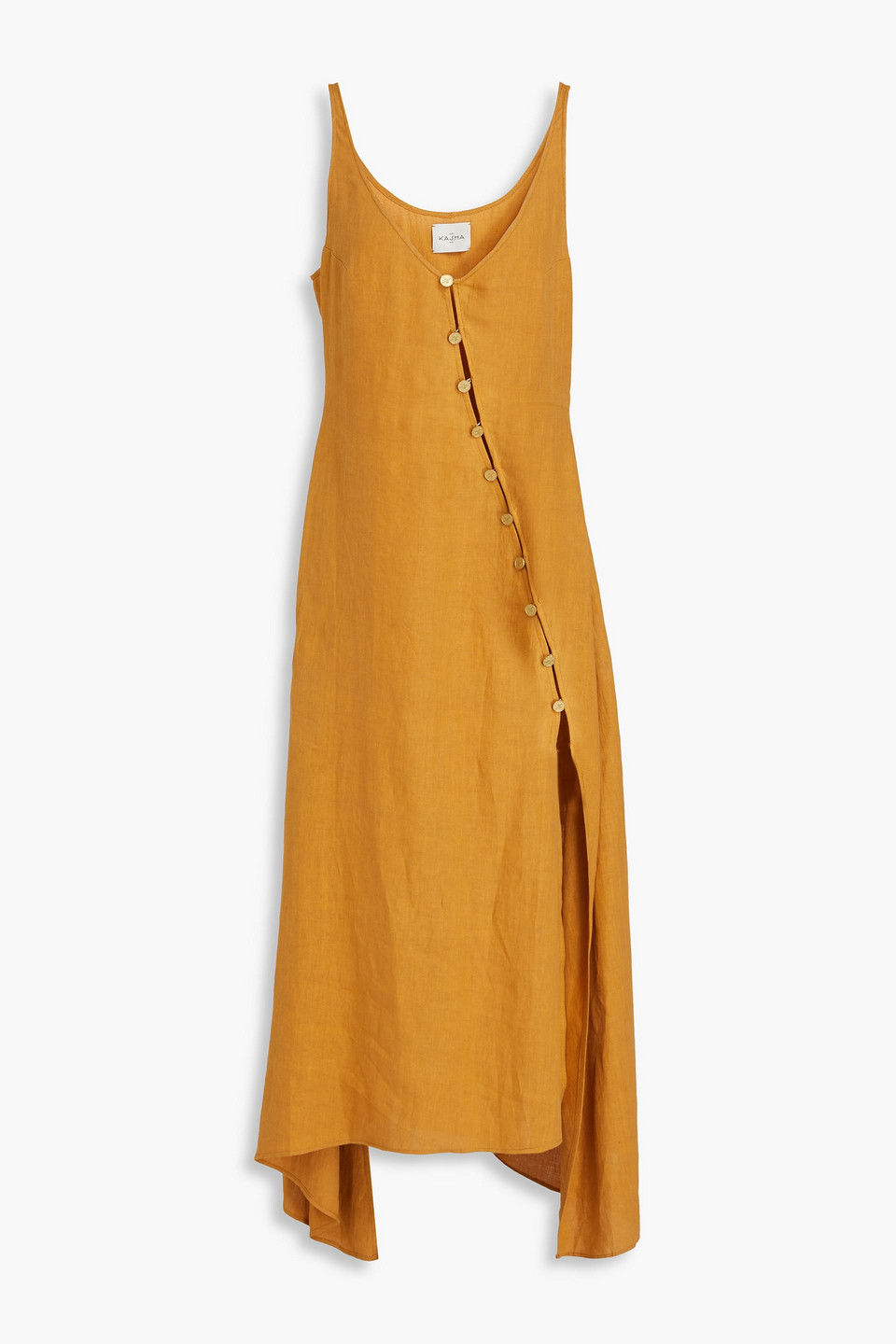 knee length dresses for ladies Mustard Linen Maxi Dress with Collar – Elegant Loose Fit Dress main image 1