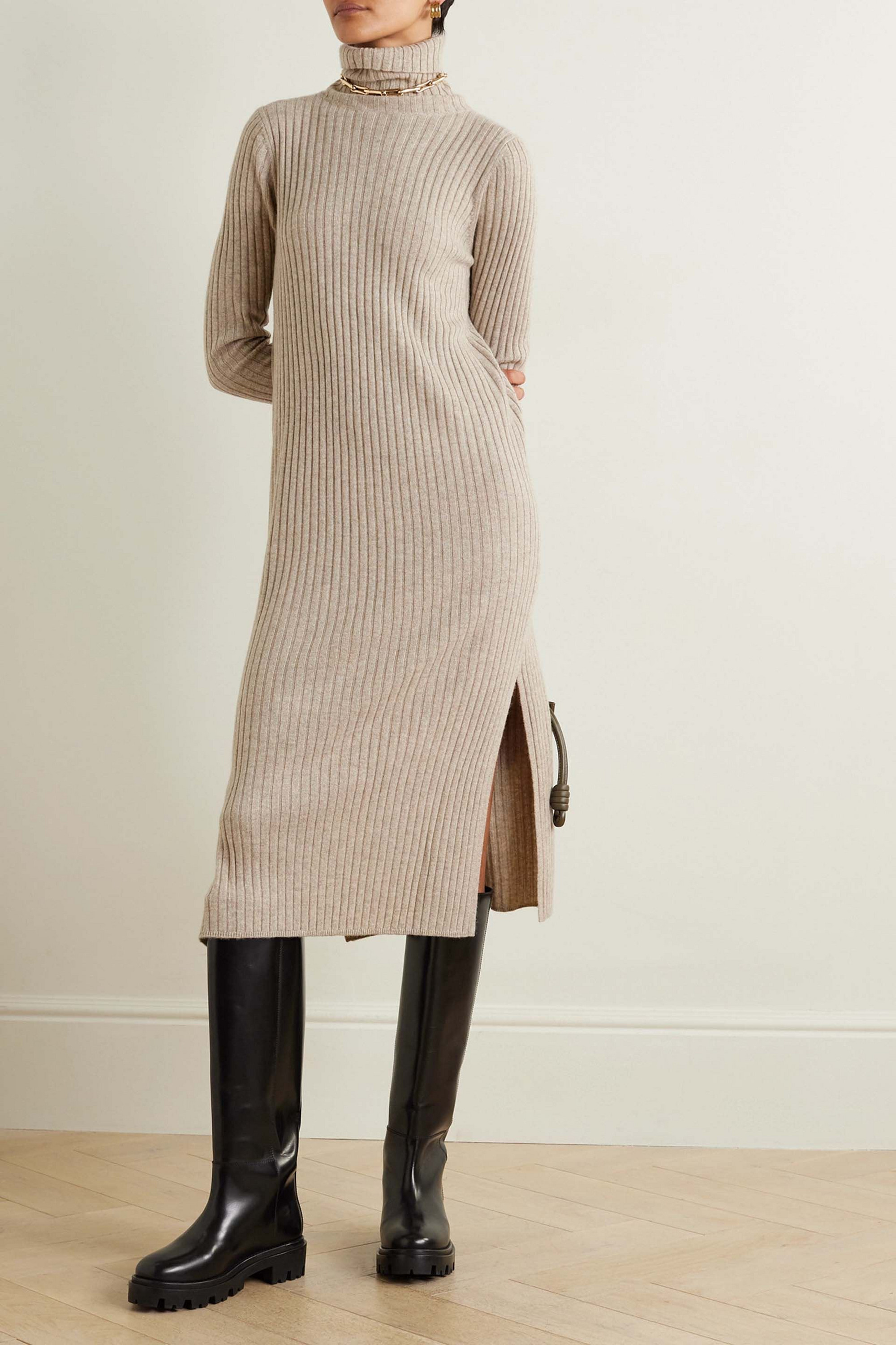 Allude Ribbed cashmere turtleneck midi dress