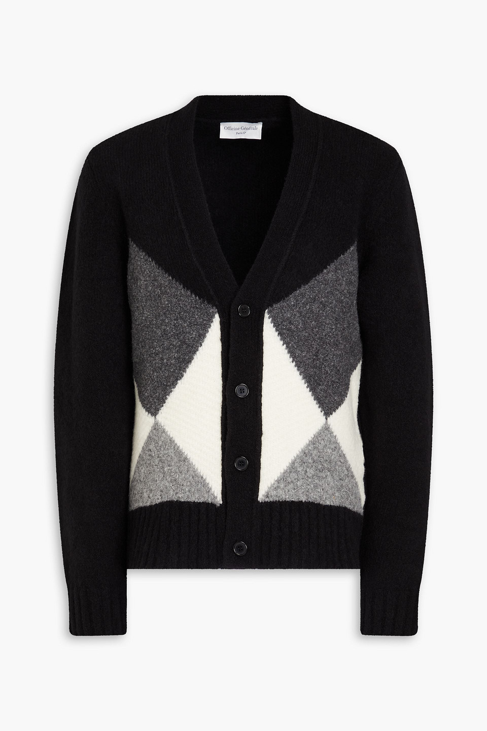 Officine Generale Miles Argyle Wool-blend Cardigan In Black/grey/ecru