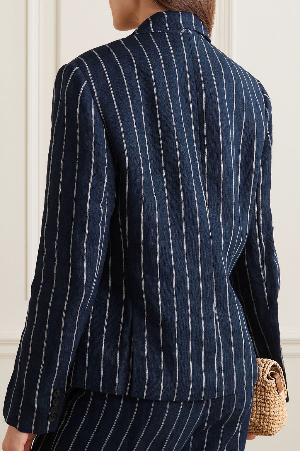 POLO RALPH LAUREN بليزر من الكتّان المخطط بصفّين من الأزرار