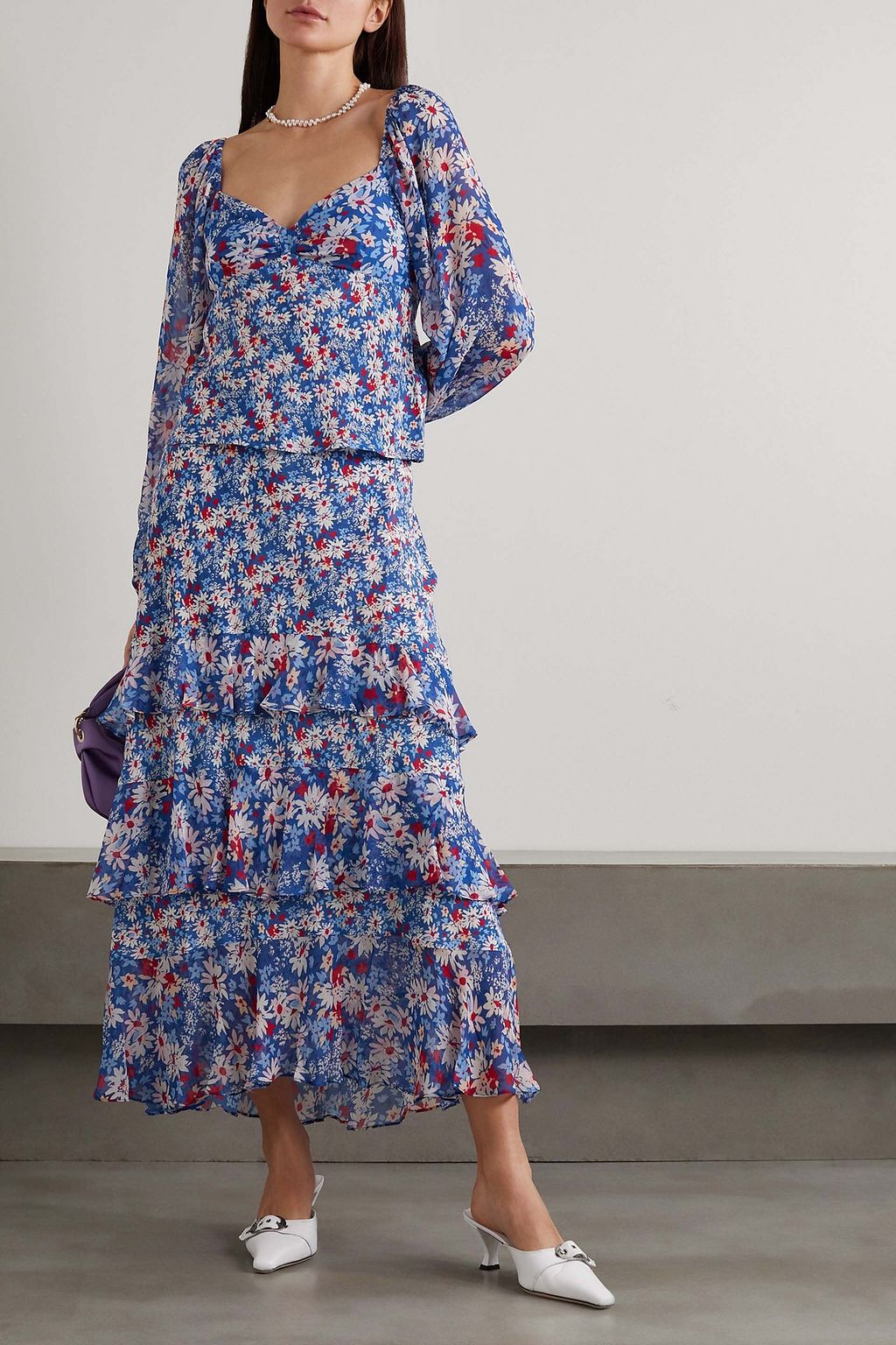 RIXO Preslee ruffled tiered floral-print georgette midi skirt