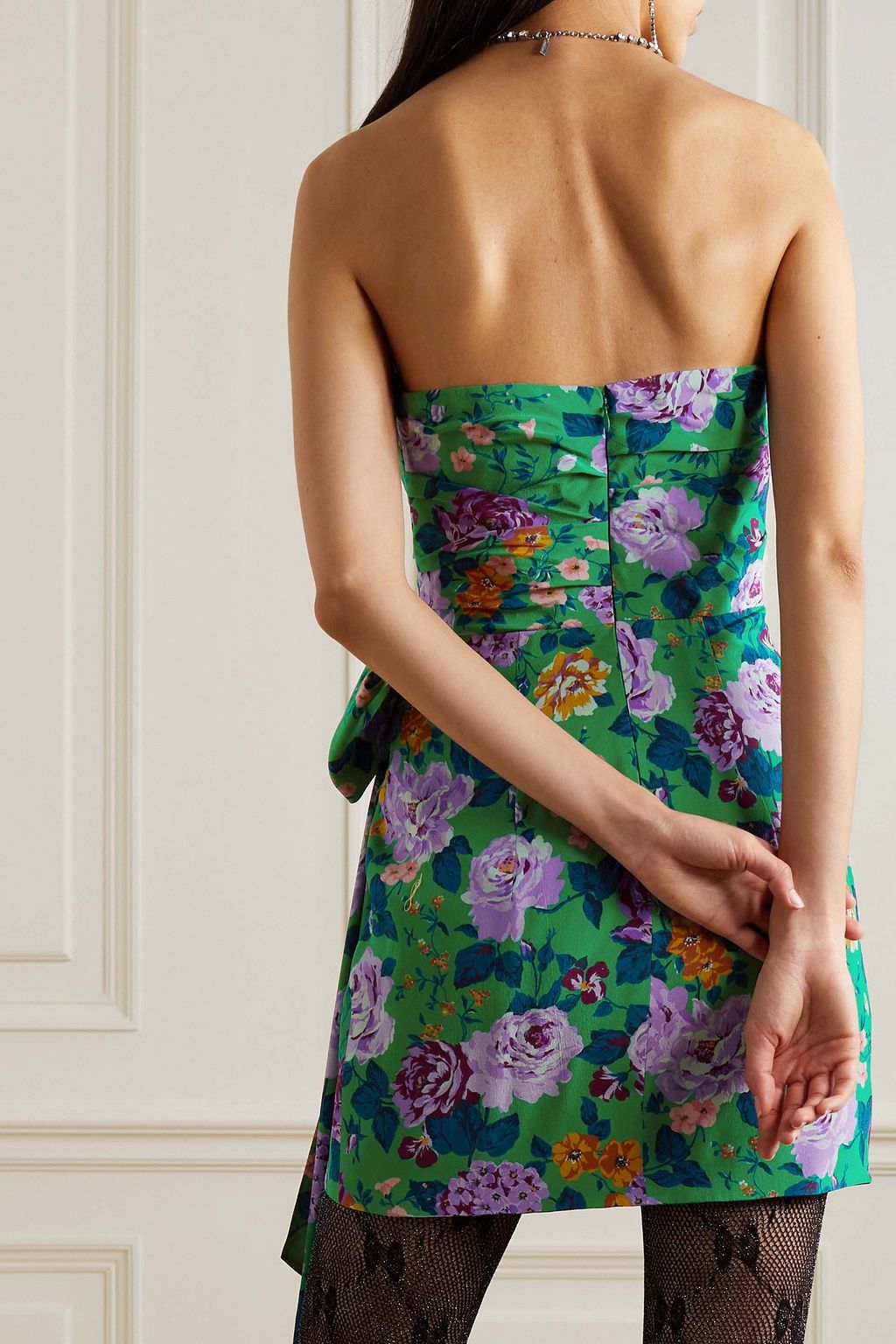 ALESSANDRA RICH Strapless bow-detailed floral-print silk mini dress
