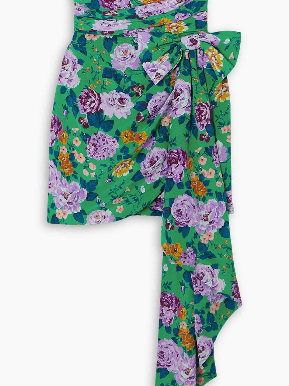 strapless bow-detailed floral-print silk mini dress