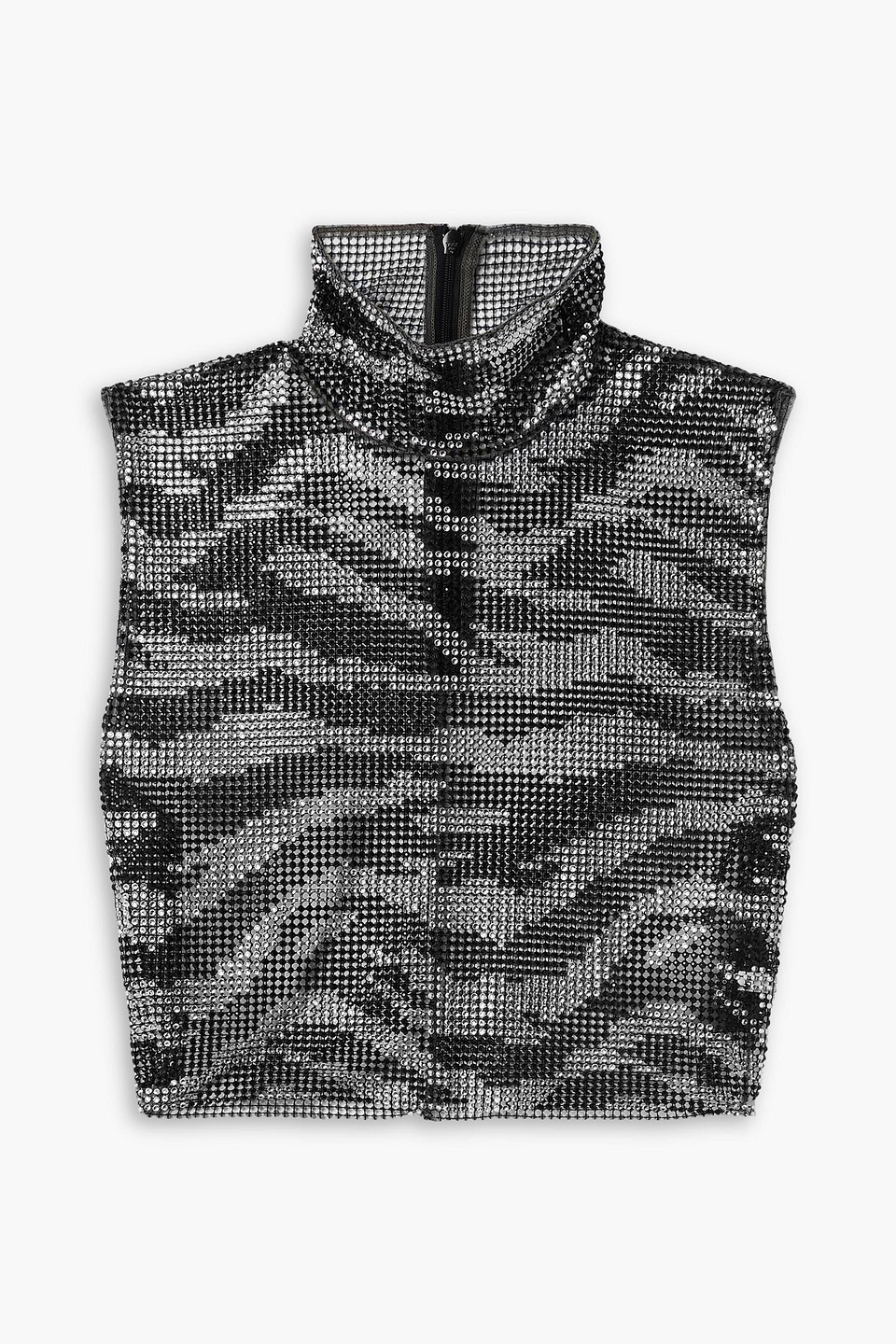Alessandra Rich Cropped Crystal-embellished Mesh Turtleneck Top In Black