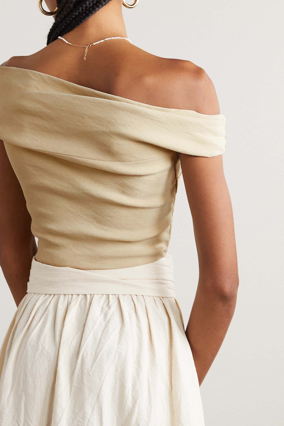 CORTANA CANDY OFF-THE-SHOULDER CROPPED TWIST-FRONT LINEN-BLEND TOP