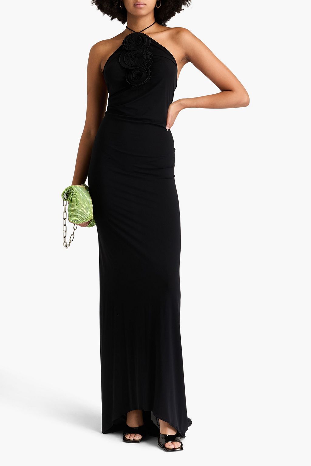 MAGDA BUTRYM Ruched floral-appliquéd jersey halterneck maxi dress