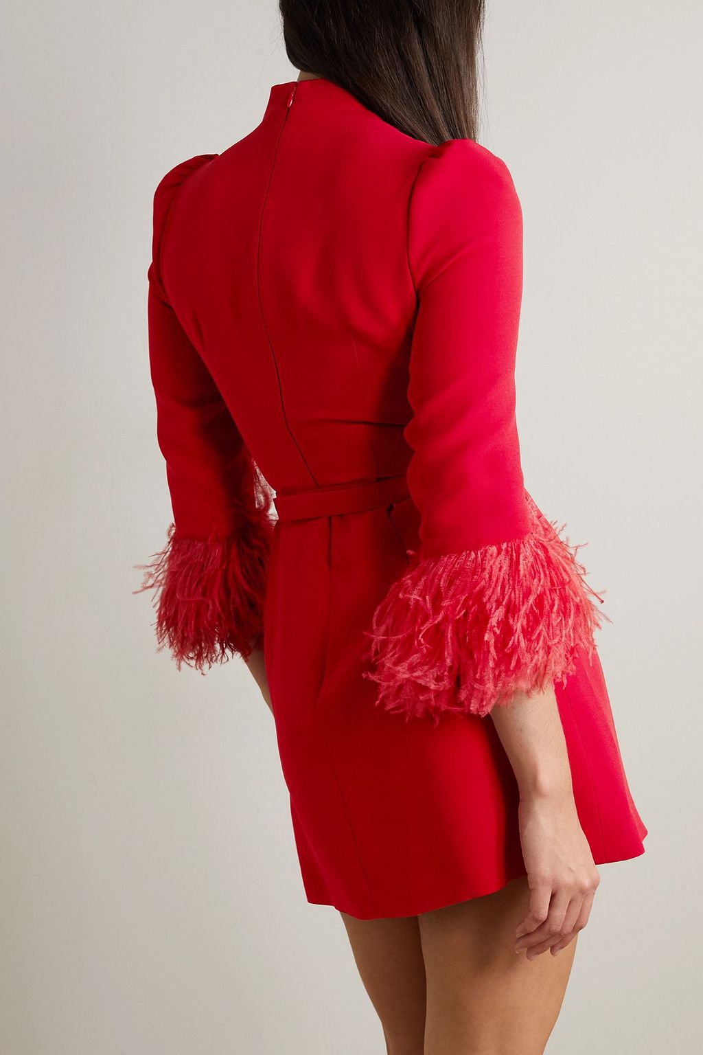 ANDREW GN Minikleid aus Crêpe mit Gürtel, Kristallen und Federn