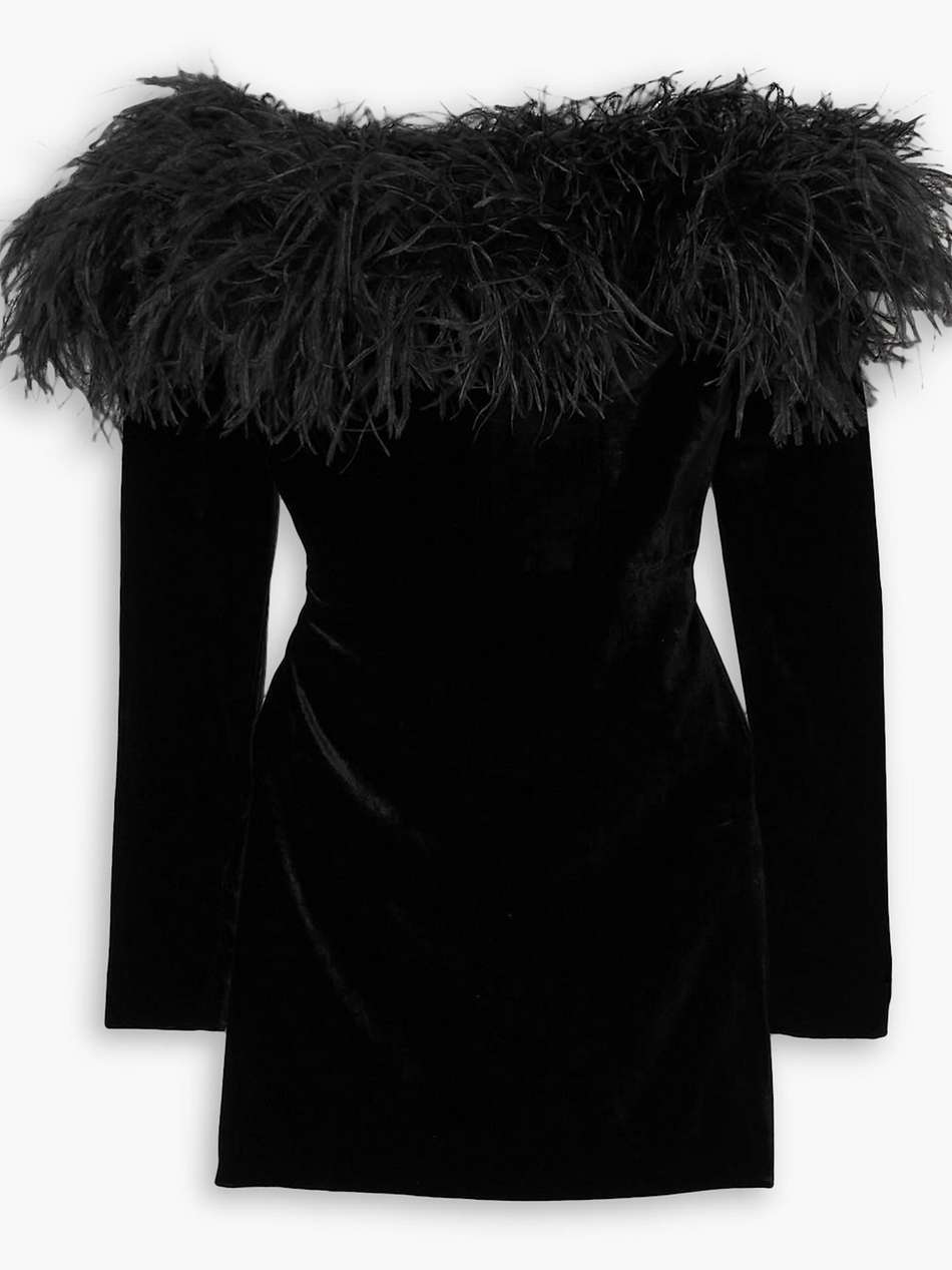 off-the-shoulder feather-trimmed stretch-velvet mini dress