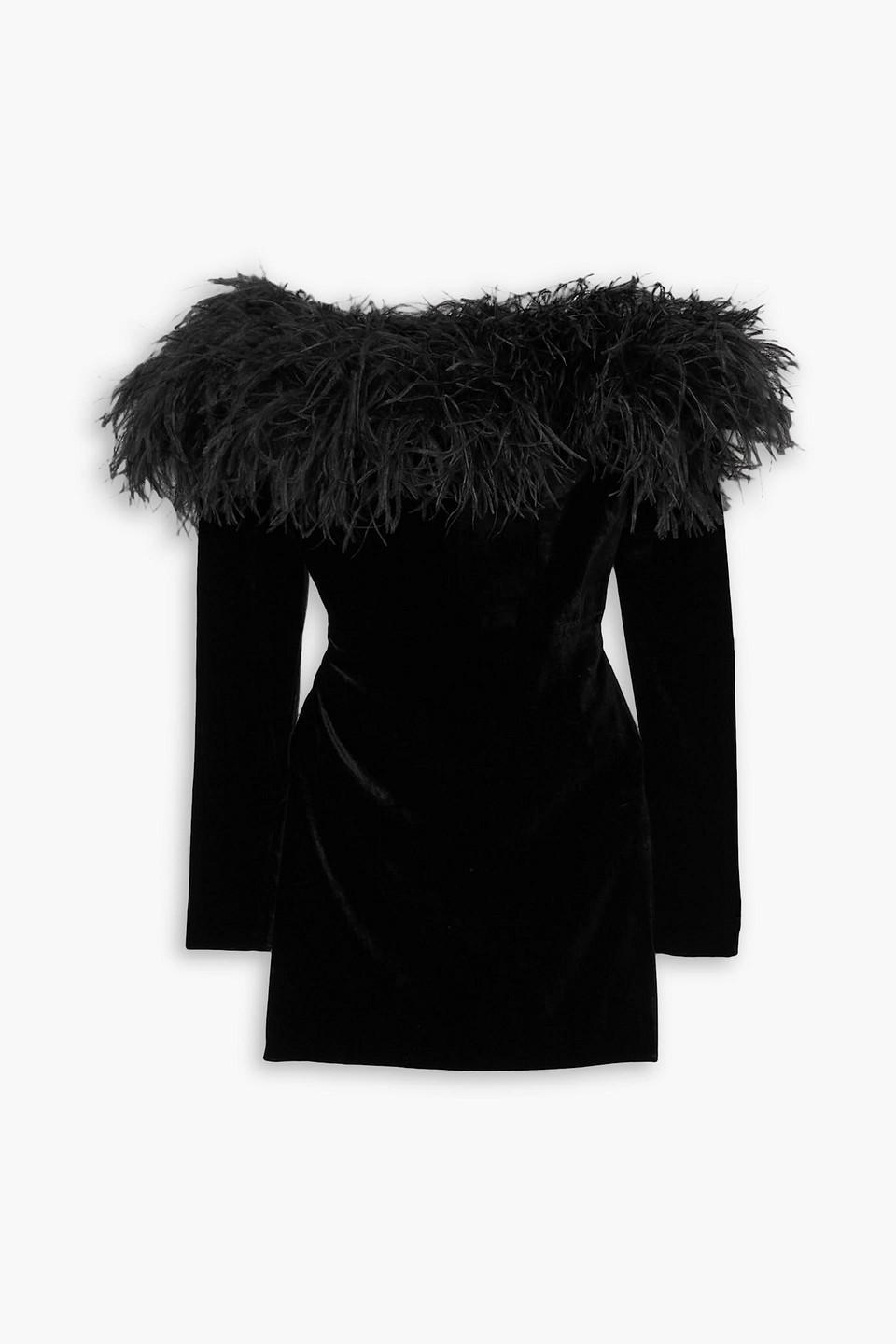 Alessandra Rich Feathered Off-the-shoulder Velvet Dress In Black