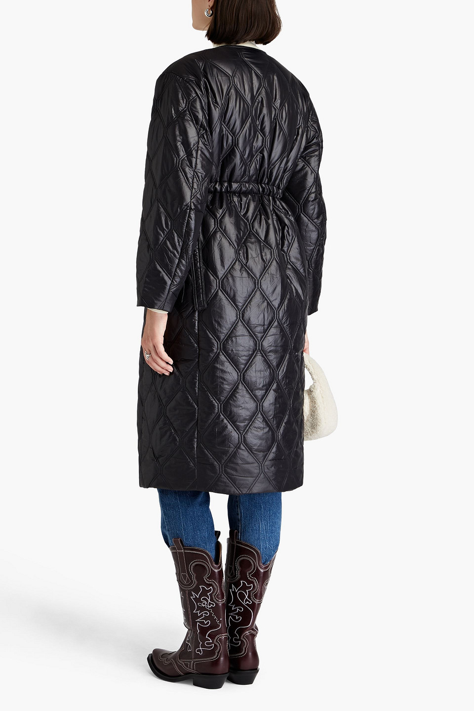 Ganni Diamond-quilted Zip-up Raincoat In Black