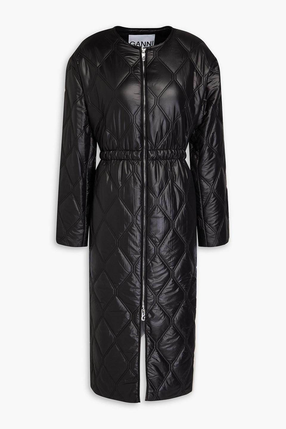 Ganni Diamond-quilted Zip-up Raincoat In Black
