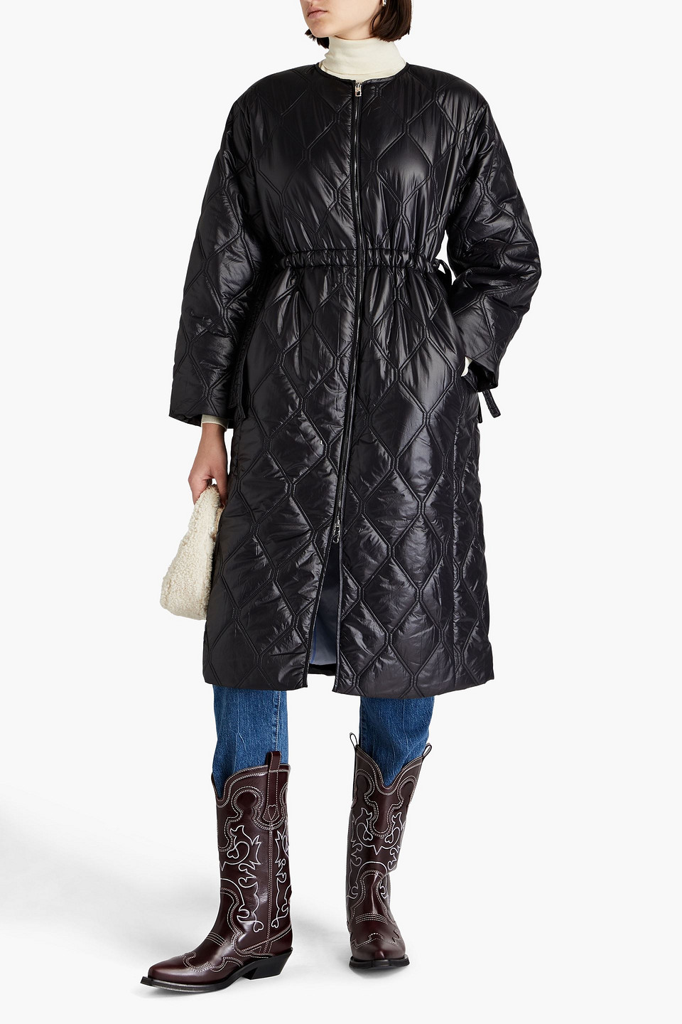 Ganni Diamond-quilted Zip-up Raincoat In Black